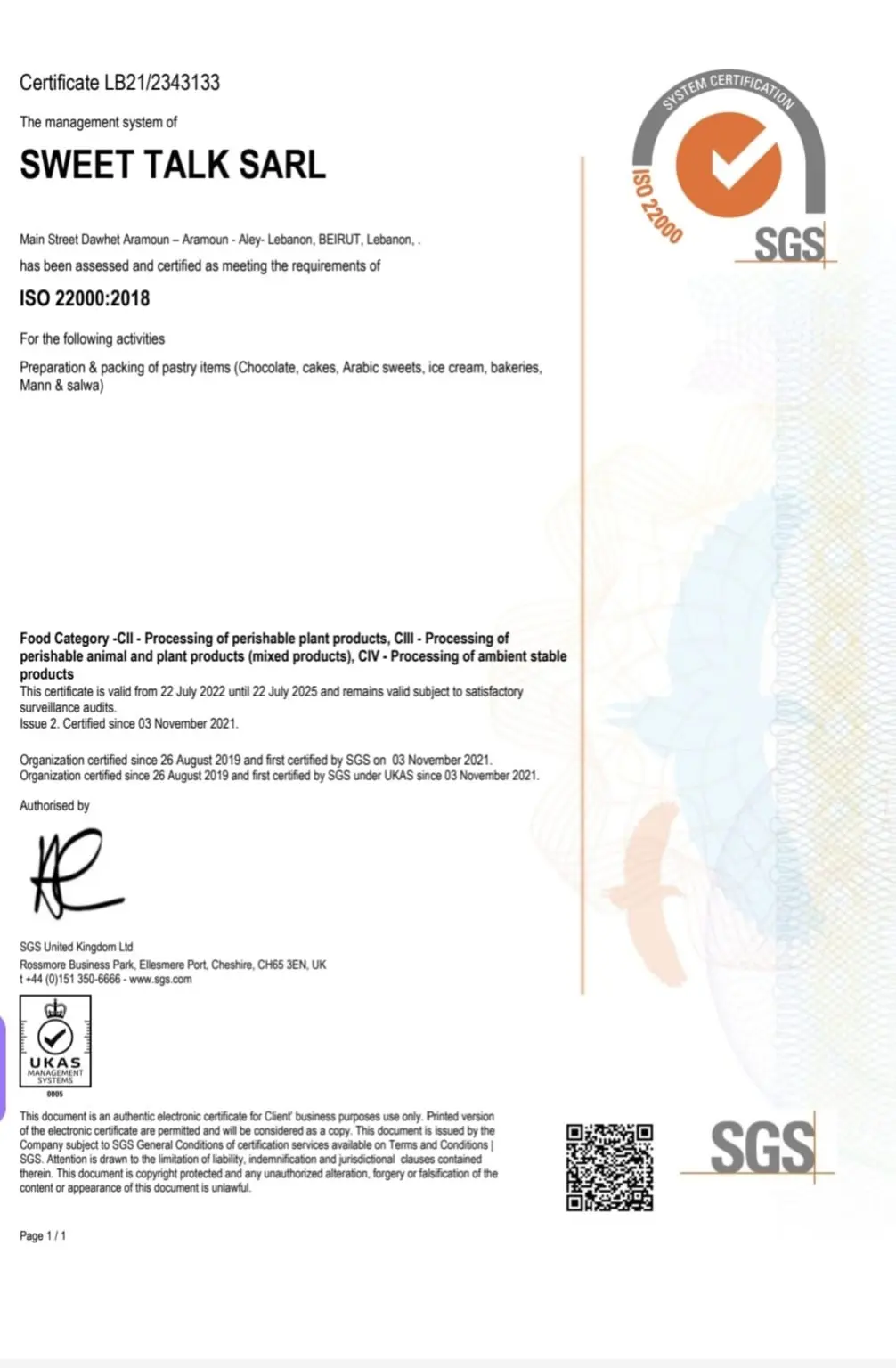 Sweet Talk Sarl ISO 22000 Certificate